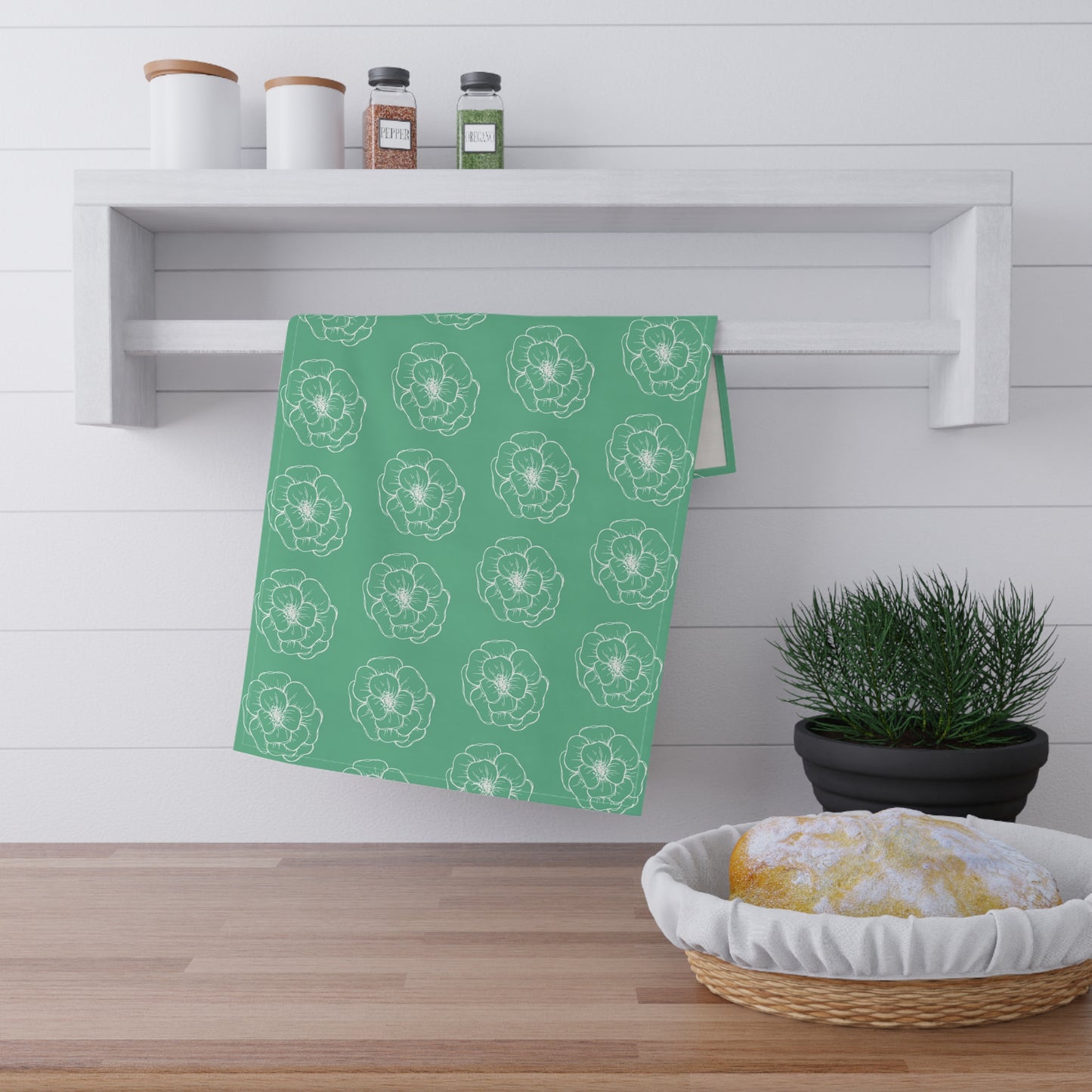 Green w/ Flowers Tea Towel
