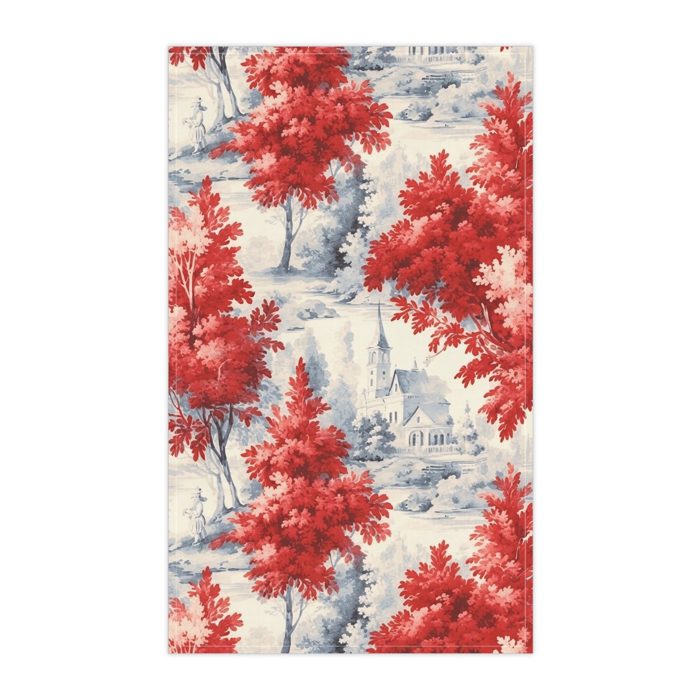 Red French Country Toile (Church) Tea Towel (cotton twill)