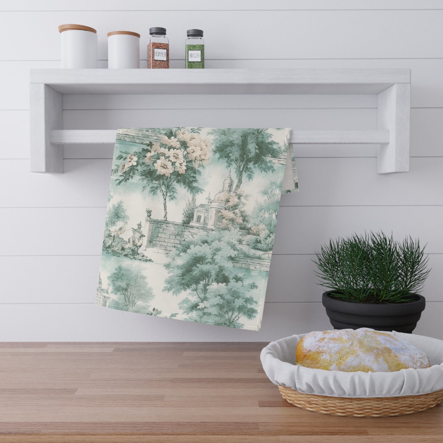 Mint French Country Toile (Church) Tea Towel (cotton twill)