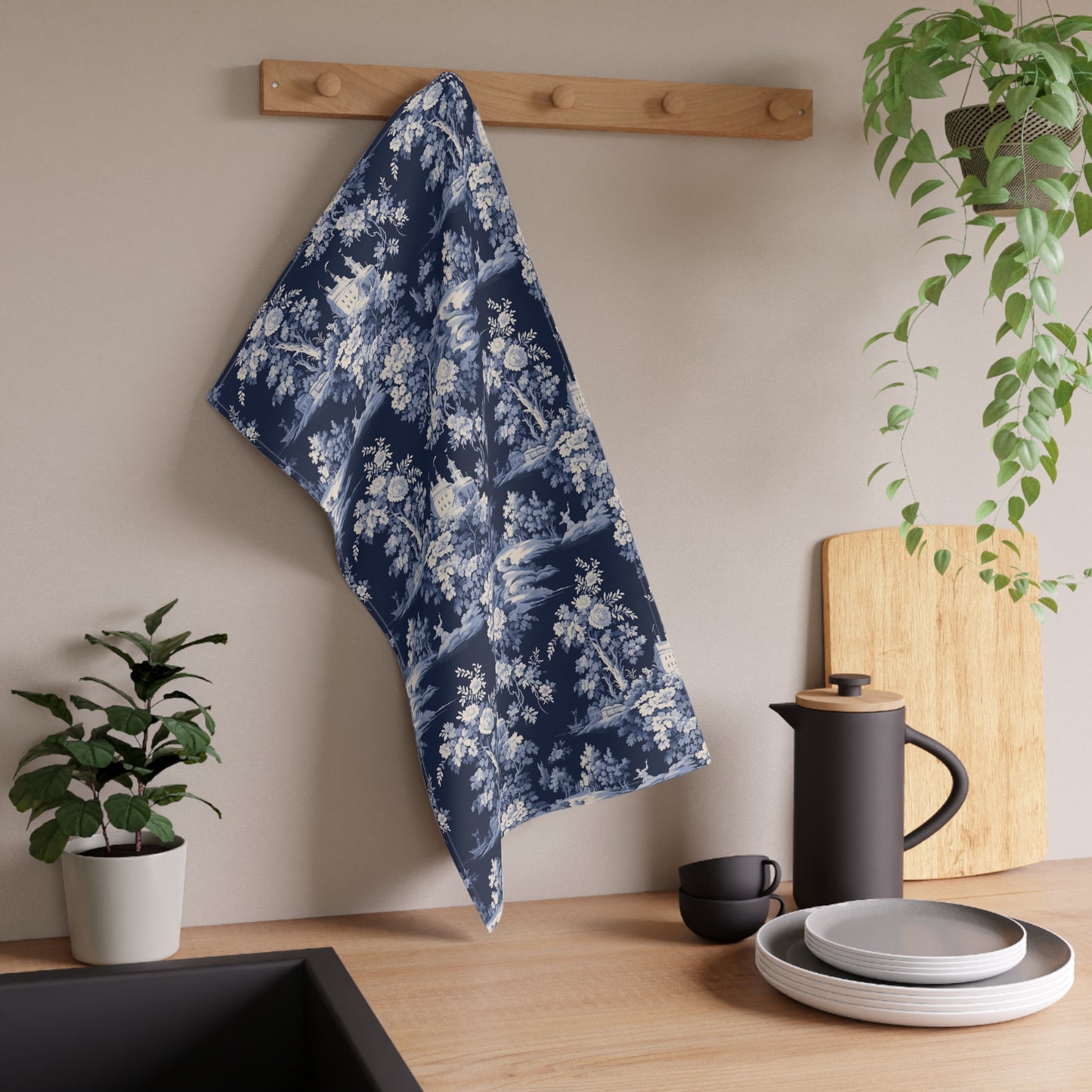 Dark Blue French Toile 3 Tea Towel