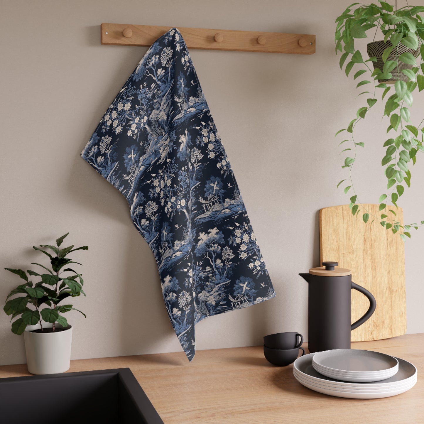 Dark Blue French Toile 1 Tea Towel