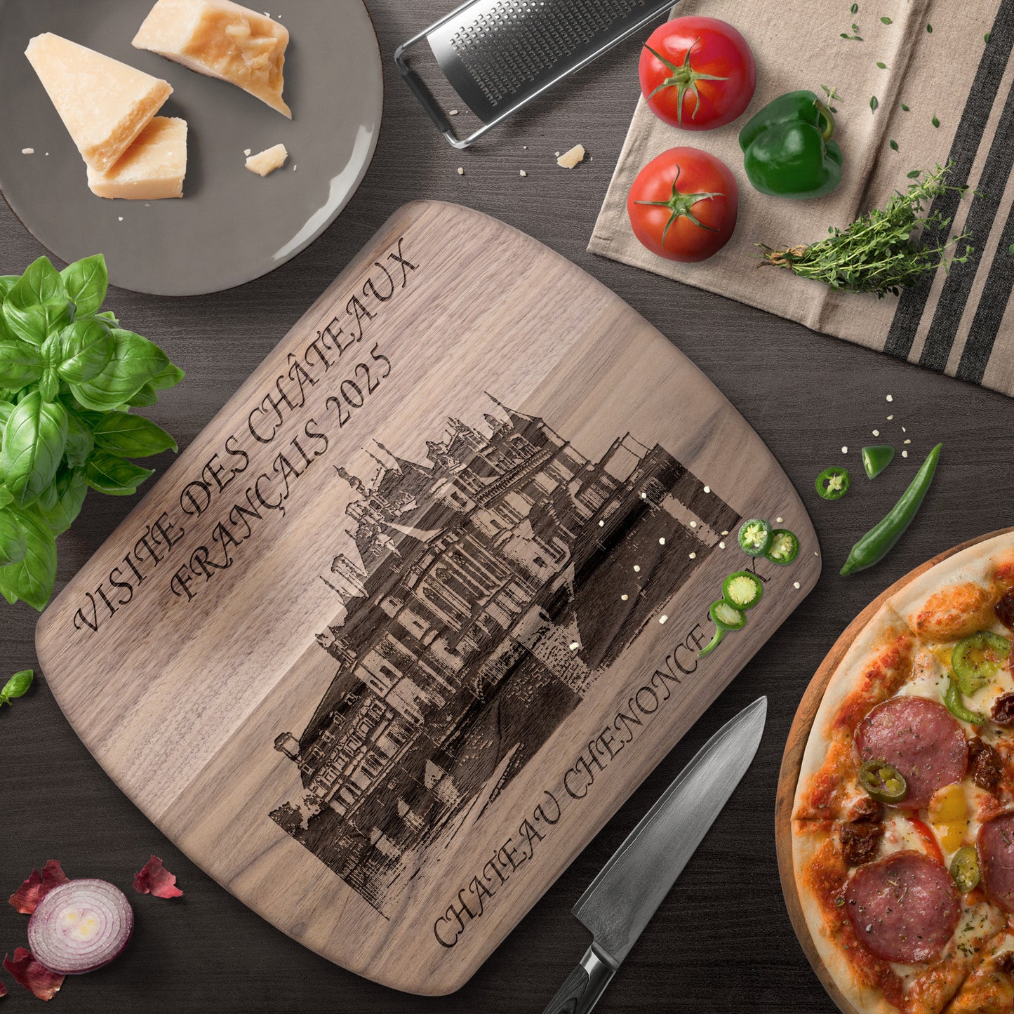Personalized Chateau Chenonceaux Hardwood Oval Cutting Board