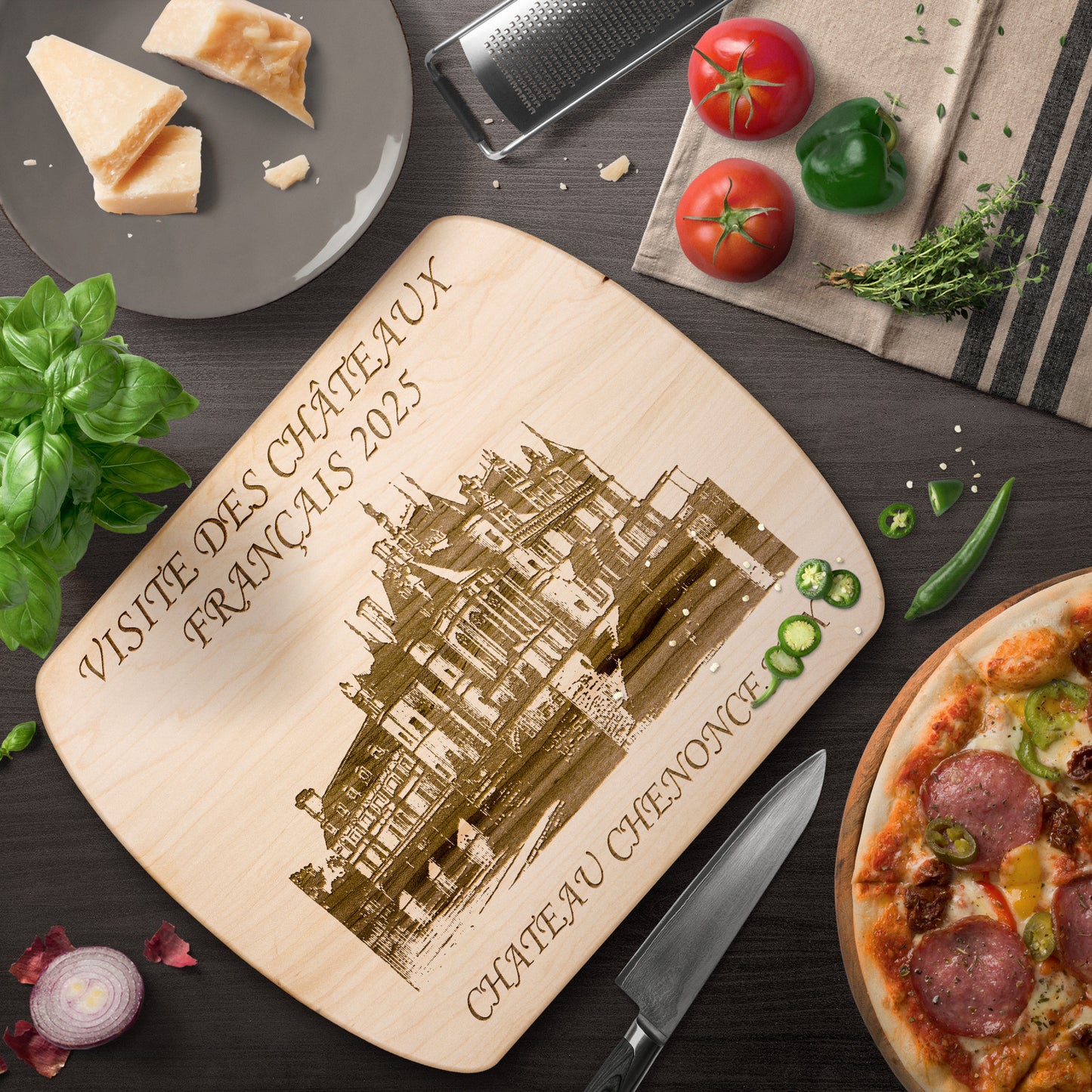 Personalized Chateau Chenonceaux Hardwood Oval Cutting Board