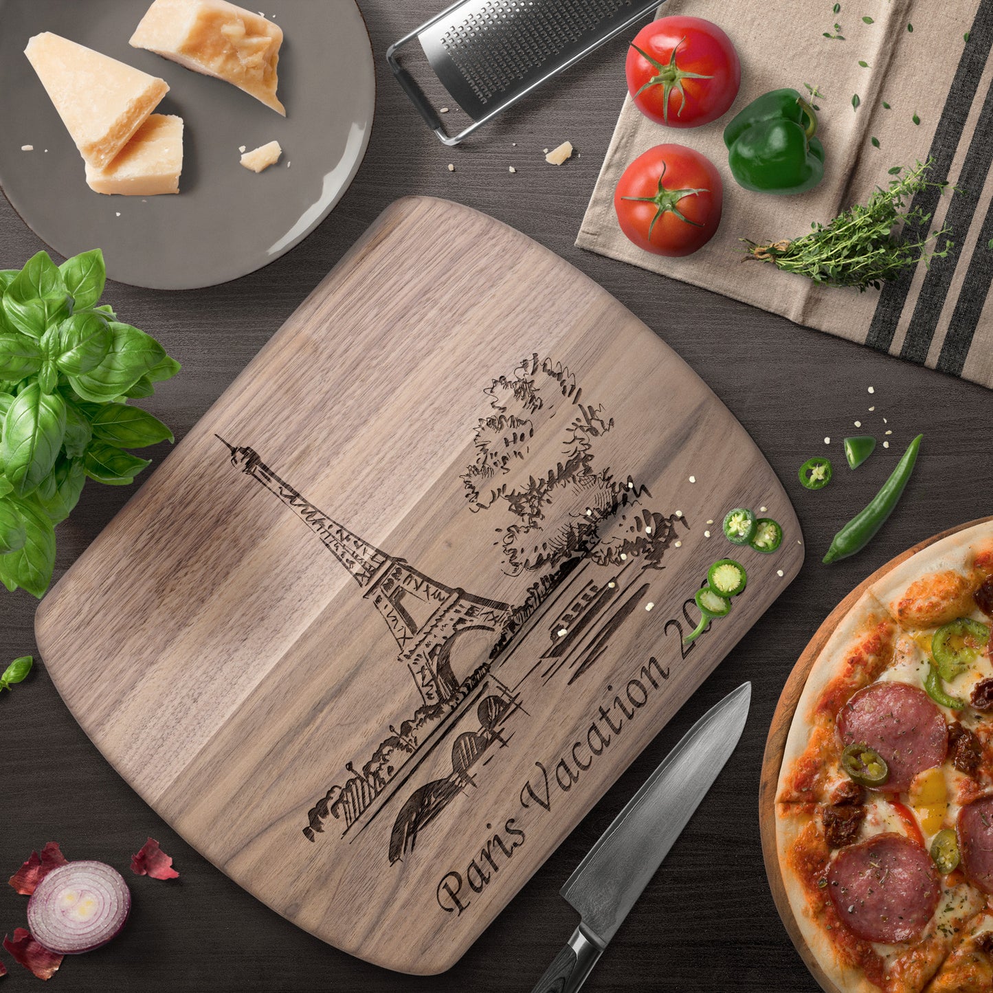 Personalized Paris Scene Hardwood Oval Cutting Board