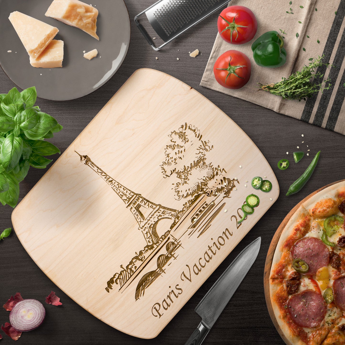 Personalized Paris Scene Hardwood Oval Cutting Board