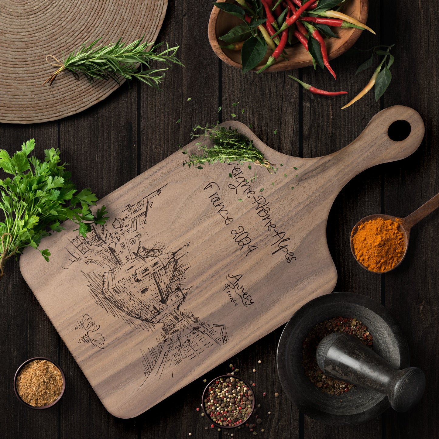Personalized Annecy France Hardwood Paddle Cutting Board