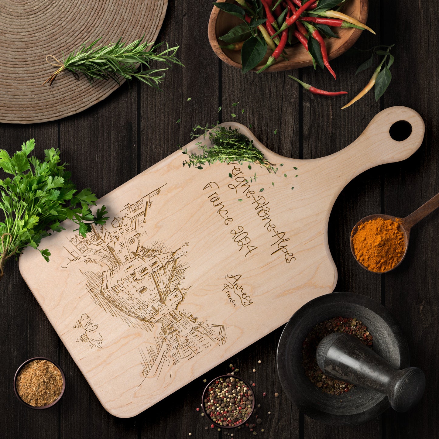 Personalized Annecy France Hardwood Paddle Cutting Board