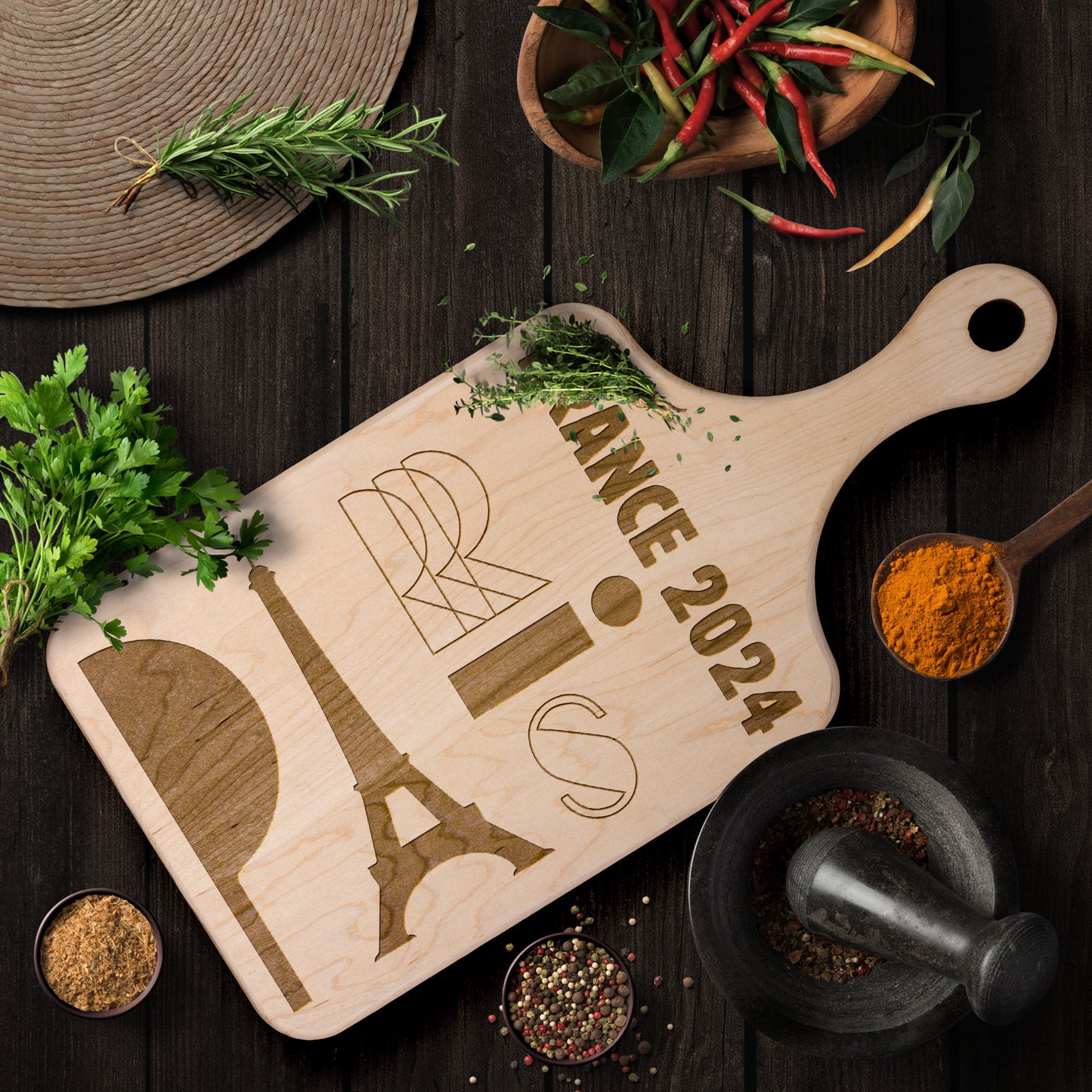 Personalized France Hardwood Paddle Cutting Board updated