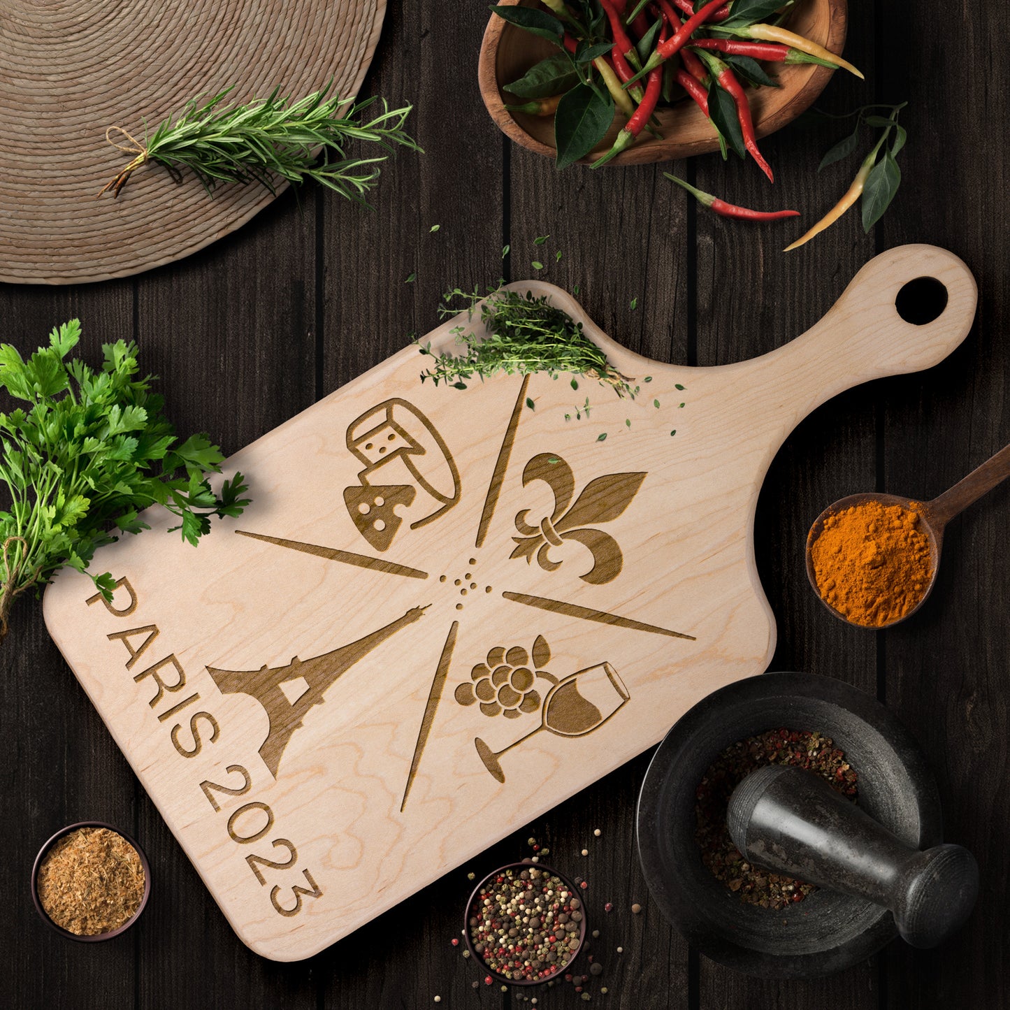Personalized Paris Hardwood Paddle Cutting Board