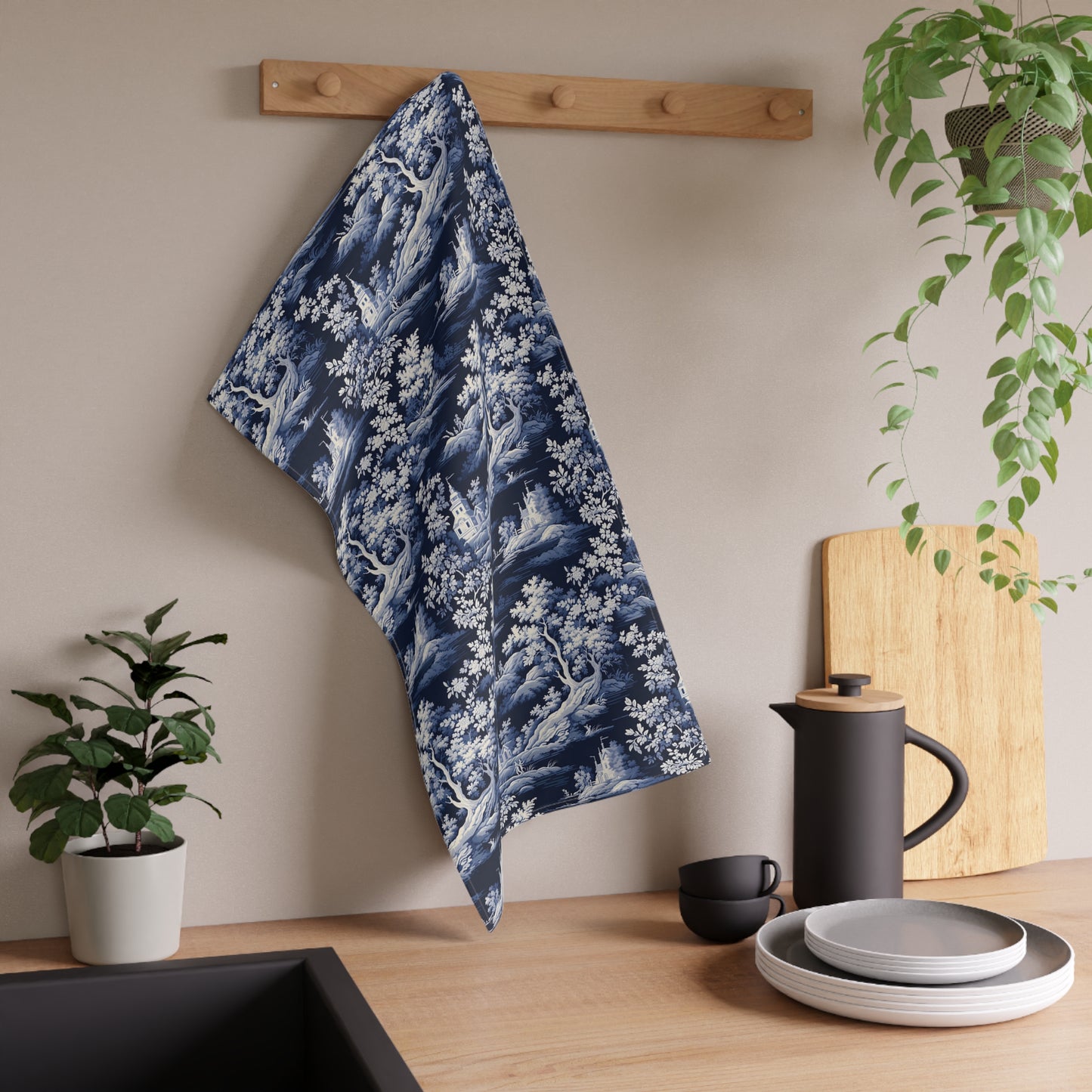 Dark Blue French Toile 4 Tea Towel