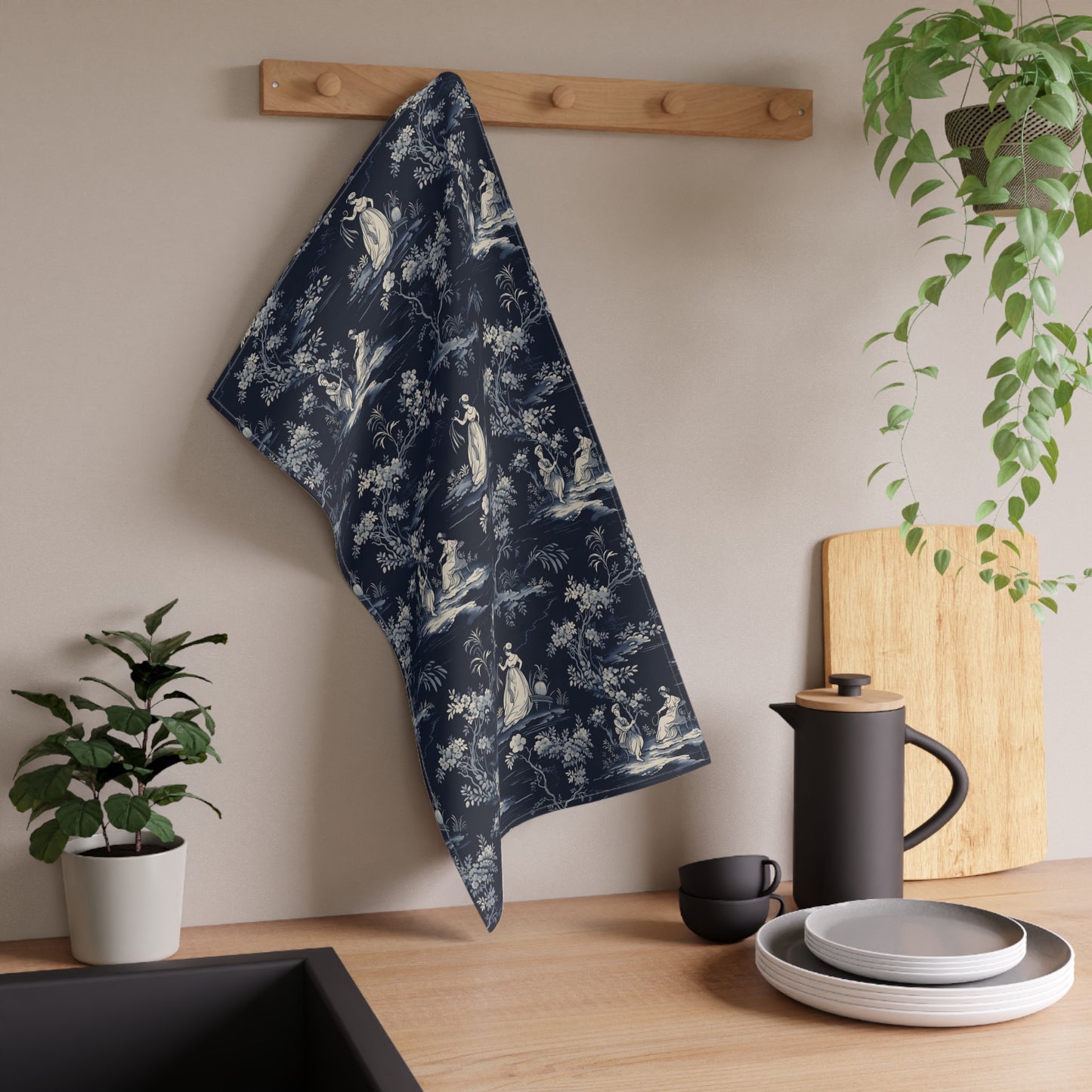Dark Blue French Toile 8 Tea Towel