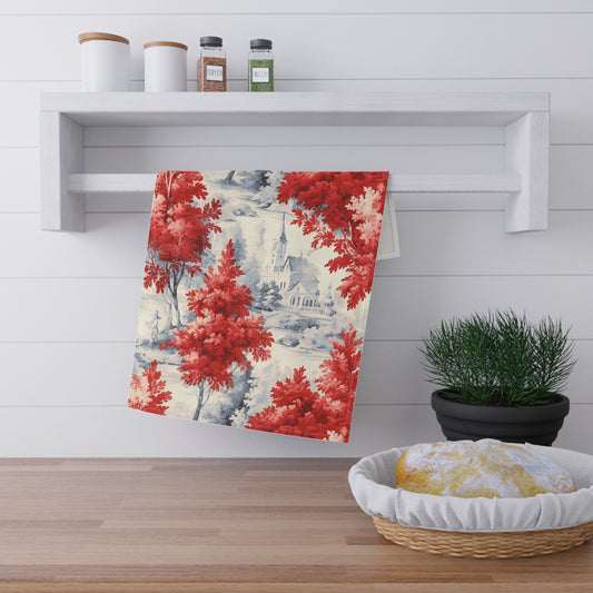 Red French Country Toile (Church) Tea Towel (cotton twill)