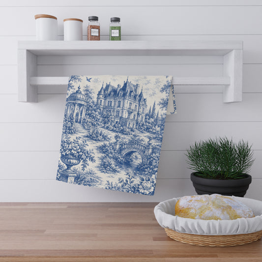 Blue Toile Chateau Tea Towel — Vintage French Country Kitchen Décor
