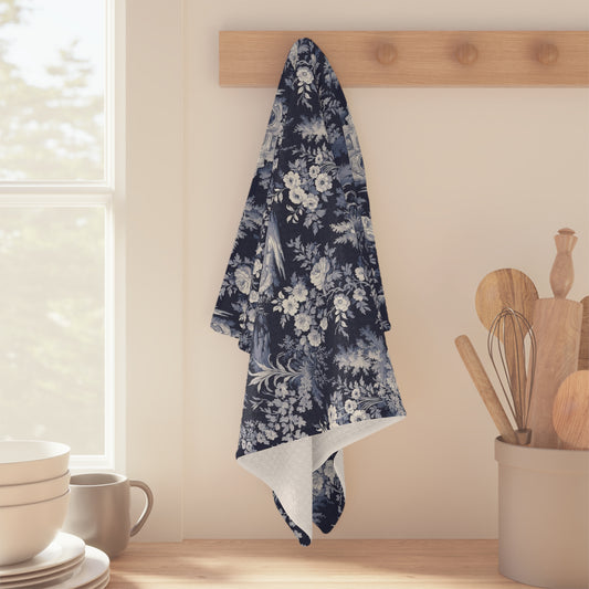 Vintage Blue Toile Floral Microfiber Tea Towel